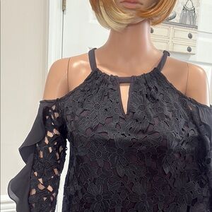 INC International Concepts Black Ruffled Cut Out Blouse